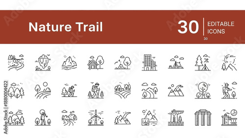 Collection of icons representing various activities and elements associated with a nature trail viewed from an overhead perspective
