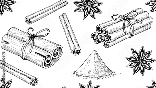 Illustration Of Cinnamon Sticks, Star Anise, And Sugar Cone Bundles For Culinary And Seasonal Use