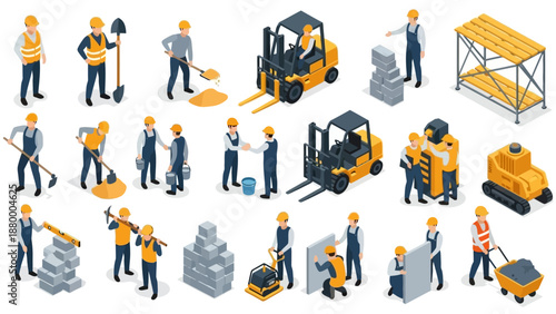 Construction workers and machinery at a building site from an overhead viewpoint