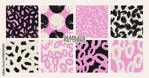 Seamless abstract pattern set with expressive organic shapes in soft pink and neutral tones. Modern hand-drawn textures with bold graphic forms. Minimal vector backgrounds for fashion, textiles