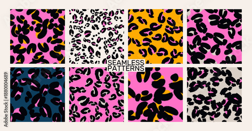 Seamless leopard print pattern set in modern color palette. Abstract animal skin textures with bold spots in pink, black and neutral tones. Vector backgrounds for fashion, textiles and surface design