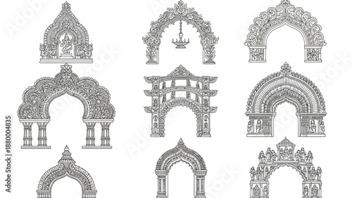 An ornate collection of nine detailed architectural arches and doorways from various cultural influences, presented in a grid layout, viewed from directly ahead