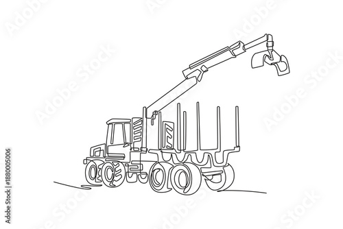 Continuous one line drawing forestry harvester or logging forwarder. Articulated crane, specialized machinery for wood harvesting, transportation. Single line draw design vector graphic illustration