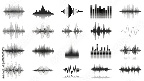 Collection of various sound wave patterns and equalizer graphics displayed in a grid layout
