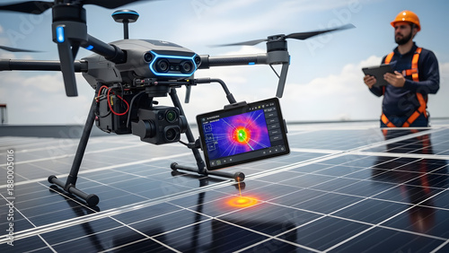Drone with a thermal camera analyzing a solar panel for defects. Engineer monitoring renewable energy infrastructure with modern technology