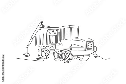 Continuous one line drawing large agricultural transport or utility vehicle. Multi-wheel chassis, functional cargo or processing body for industrial use. Single line design vector graphic illustration