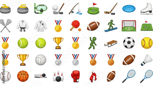 Collection of sports icons and equipment symbols arranged neatly, showcasing various athletic disciplines and championship medals, presented in a clean and organized manner.