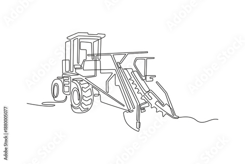 Continuous one line drawing tractor-driven harvesting attachment. Mechanical connection and the front-mounted processing unit for agricultural work. Single line draw design vector graphic illustration
