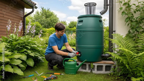Woman installing a spigot on a green rain barrel in a backyard garden. Rainwater harvesting system for water conservation and sustainable living