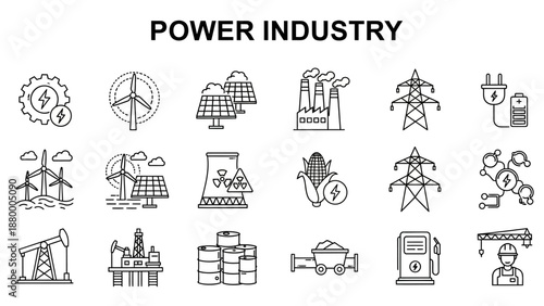 Collection of power industry icons representing energy production and distribution, technology, infrastructure, and renewable sources in a modern flat design style