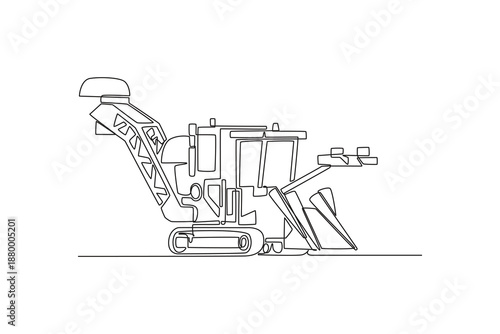 Continuous one line drawing sugarcane harvester or similar track-mounted industrial farm machine. Modern agricultural engineering, automation theme. Single line draw design vector graphic illustration