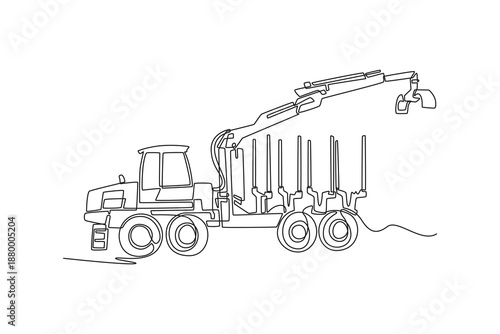 Continuous one line drawing heavy forestry or logging truck equipped with crane arm. Industrial timber transport, large-scale forestry operations. Single line draw design vector graphic illustration
