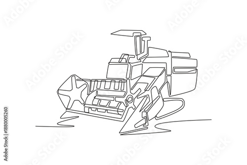 Continuous one line drawing specialized harvesting machine, rice, small-grain combine. Intricate front processing unit, precision farming equipment. Single line draw design vector graphic illustration