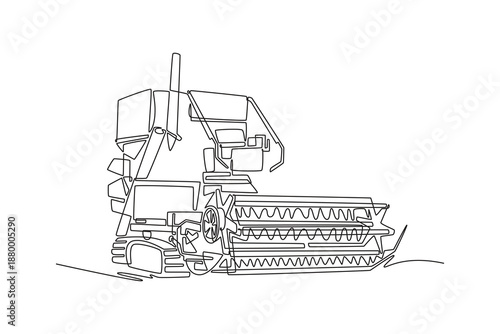 Continuous one line drawing heavy-duty combine harvester. Scale of industrial harvesting equipment, efficiency, productivity commercial agriculture. Single line draw design vector graphic illustration