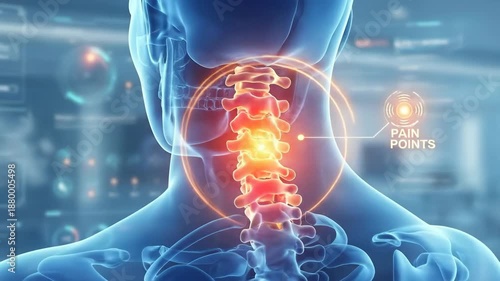 Digital Representation of Human Spine with Highlighted Pain Points, Illustrating Cervical and Thoracic Medical Conditions or Injury Diagnosis and Treatment