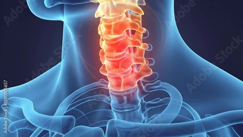 3D Medical Illustration of Cervical Spine Pain and Inflammation Highlighted in Orange