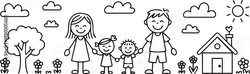 family vector outline of house tree sun and people