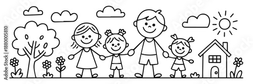 family home illustration line drawing of parents with children