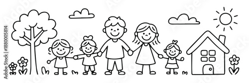 family house vector line art parents and children outdoors