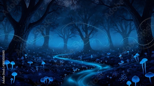 Mysterious forest path illuminated by glowing mushrooms and eerie blue light in a fantastical woodland scene