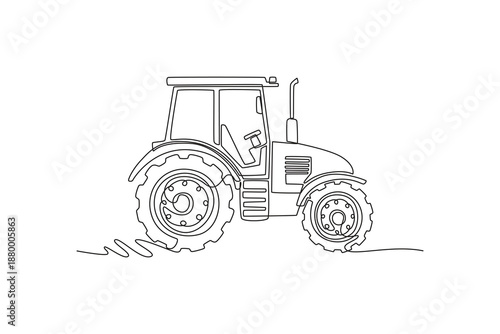 Single one line drawing professional modern agricultural tractor with a driver cab and large treaded tires. Farm vehicle for rural harvesting. Continuous line draw design graphic vector illustration
