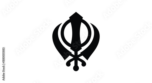 A striking black graphic depiction of the khanda a significant symbol within Sikhism presented as a bold silhouette high quality professional