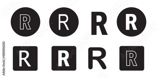 Registered trademark symbols in black and white with variations of the letter r inside circles .Trademark and registered symbol vector icons set, black circle  R logo design illustration, intellectual