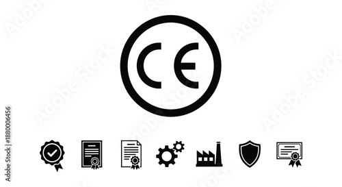 A stark black and white depiction of the ce marking symbol alongside various associated icons presented as a bold silhouette