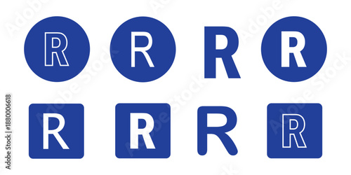 Registered trademark symbols in black and white with variations of the letter r inside circles .Trademark and registered symbol vector icons set, black circle  R logo design illustration, intellectual