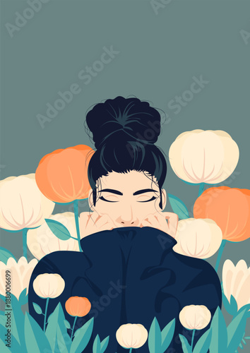 An A4 banner featuring a girl among stylized flowers. Template for posters, flyers, covers, packaging, postcards, etc.