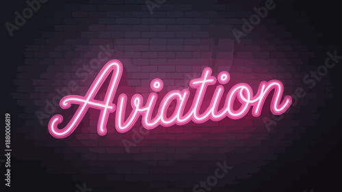 Neon Aviation Sign Illuminated on Dark Brick Wall