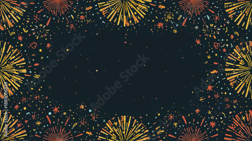 Vector Template of Fireworks in a festive explosion with golden bursts and sparks in a doodle style creating a seamless pattern border