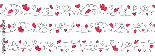 Set of tileable vector borders with hand-drawn hearts and doodle elements. Perfect for seamless horizontal dividers, ribbons, and romantic packaging.