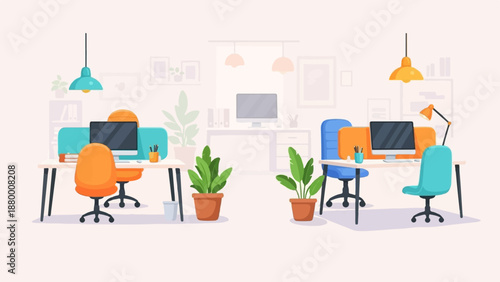 A colorful illustration of a modern, open-plan office with desks, computers, and potted plants