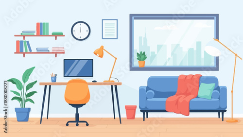 A colorful, modern home office and living room interior with a desk, couch, and city view