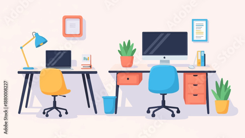 A colorful, modern office illustration with two computer workstations, chairs, and potted plants