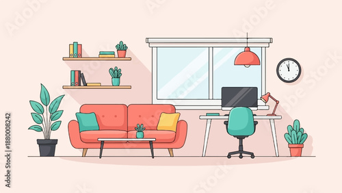 A cozy home office and living room interior with a sofa and desk, in a flat illustration style