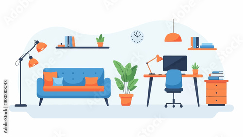 A cozy home office and living room interior with a sofa, desk, and plants. Flat vector design