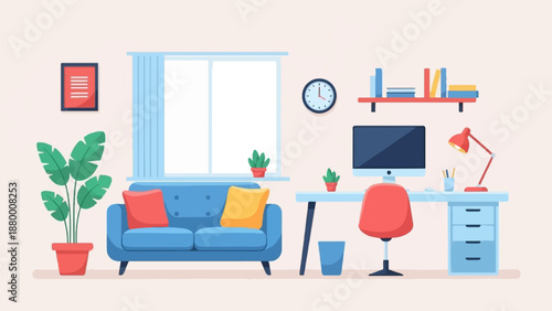 A cozy home office illustration with a blue sofa, a computer desk, and a large potted plant