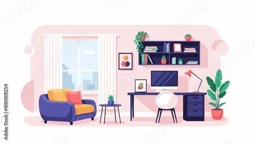 A cozy home office illustration with a computer desk, armchair, bookshelf, and city view from a window