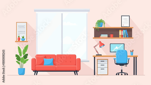 A cozy home office illustration with a red sofa, desk, computer, and plants in a sunlit room