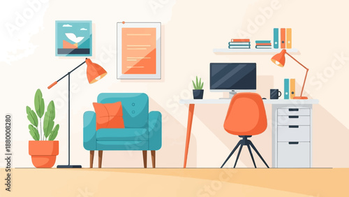 A cozy home office illustration with a modern desk, armchair, and warm, inviting lighting