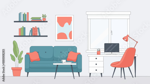 A cozy home office illustration with a teal sofa, red chair, desk, and bookshelves by a window