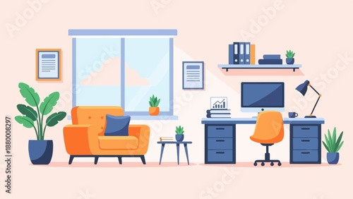 A cozy home office illustration with an orange armchair, a blue desk, and plants by a sunny window