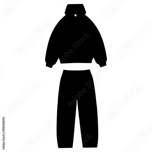 A minimalist vector graphic of a black cropped hoodie and matching sweatpants on a white background