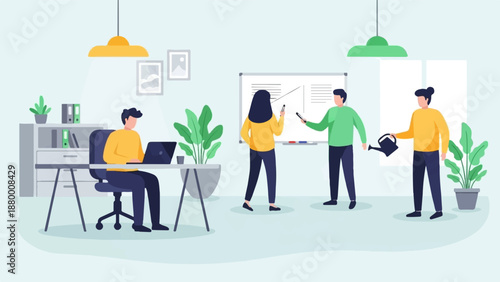 A flat illustration of a modern office with people working, collaborating, and tending to plants