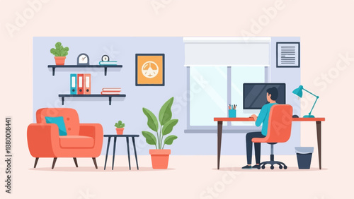 A flat illustration of a person working remotely from a modern and cozy home office interior