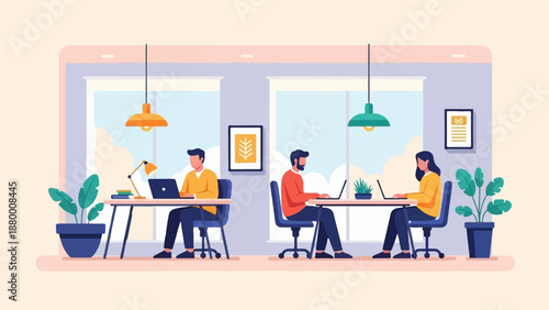 A flat illustration of three colleagues working on laptops in a modern, plant-filled office space (1)