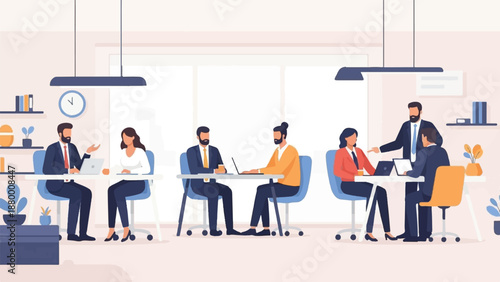 A flat illustration of diverse professionals collaborating and working on laptops in a modern office