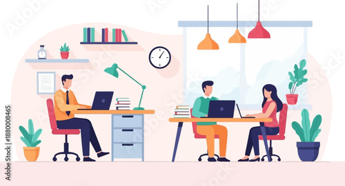 A flat illustration of three colleagues working on laptops in a modern, plant-filled office space